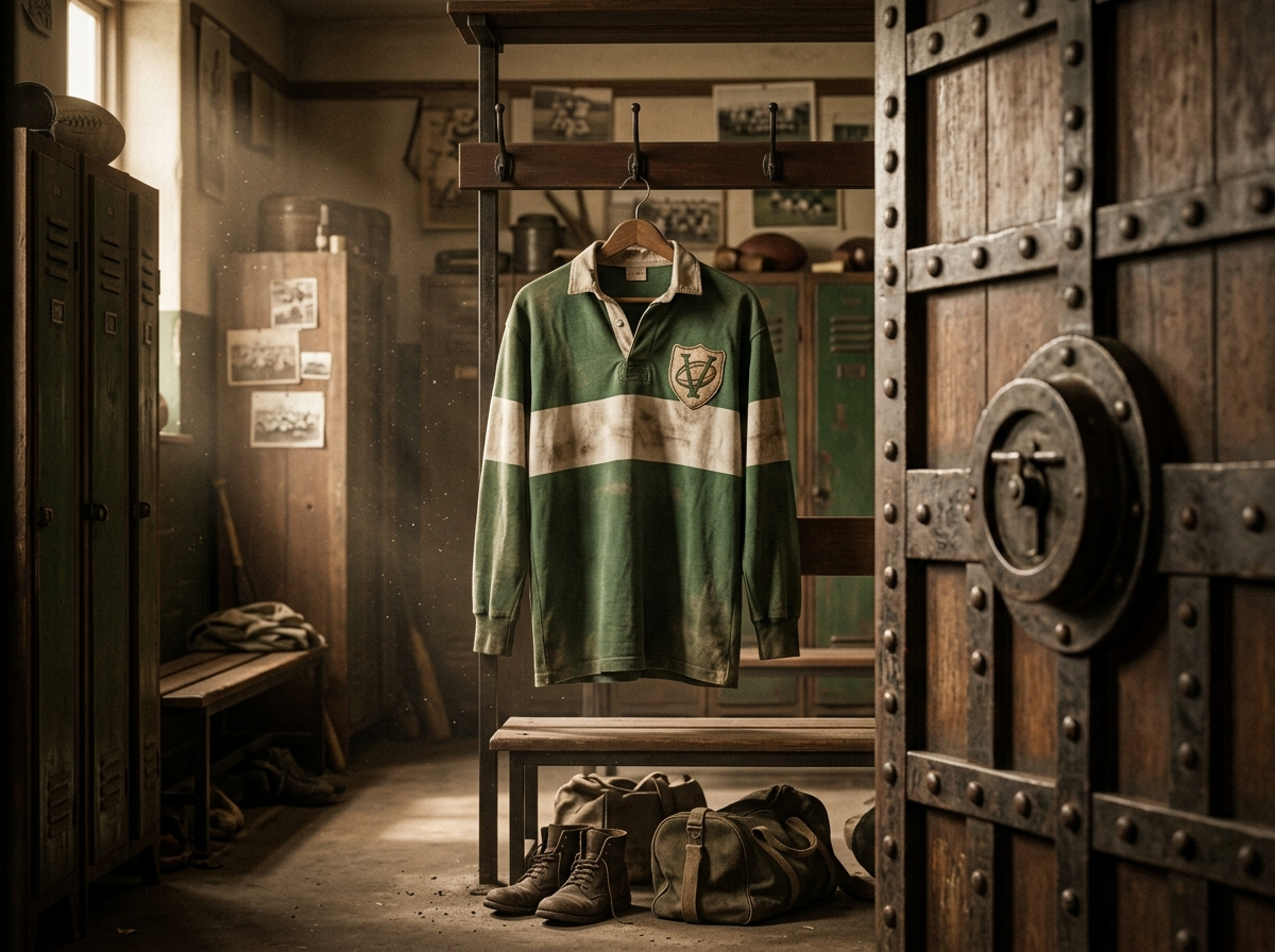 Vintage rugby jersey hanging in an old locker room behind a heavy vault door