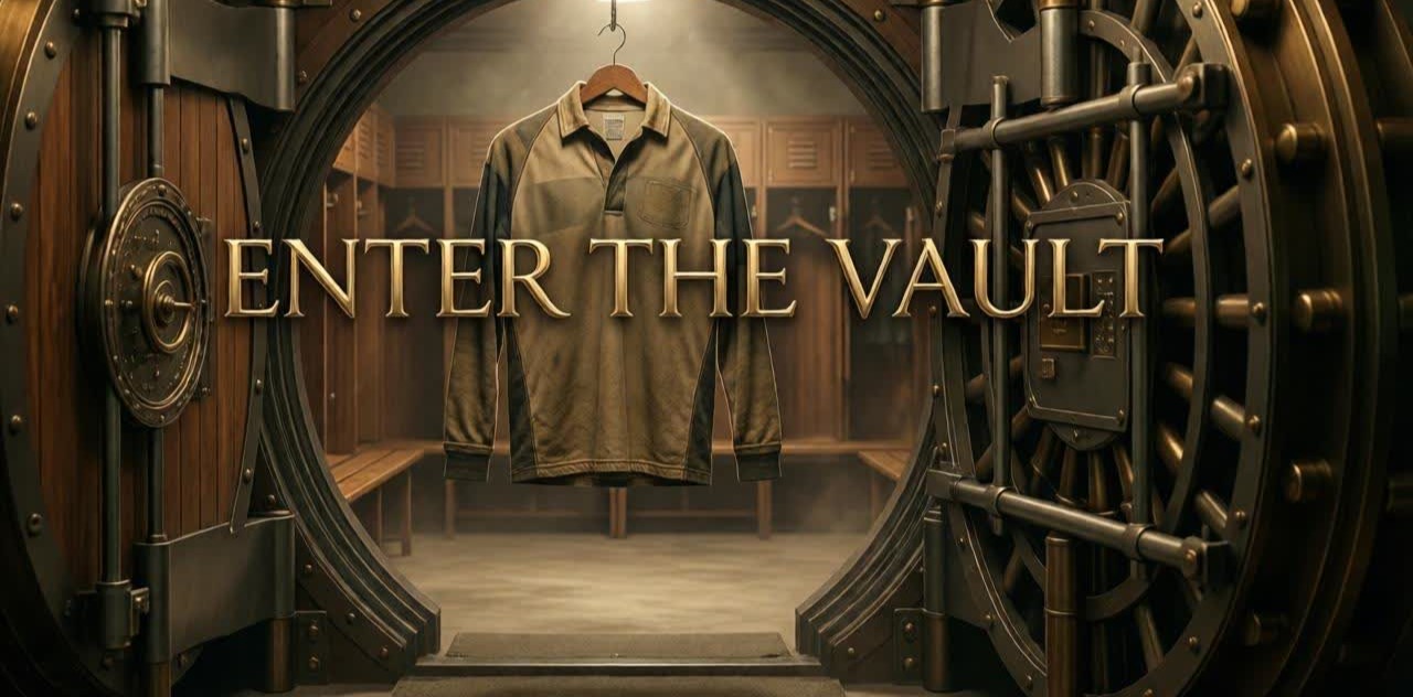 Open vault doorway revealing a heritage rugby shirt inside