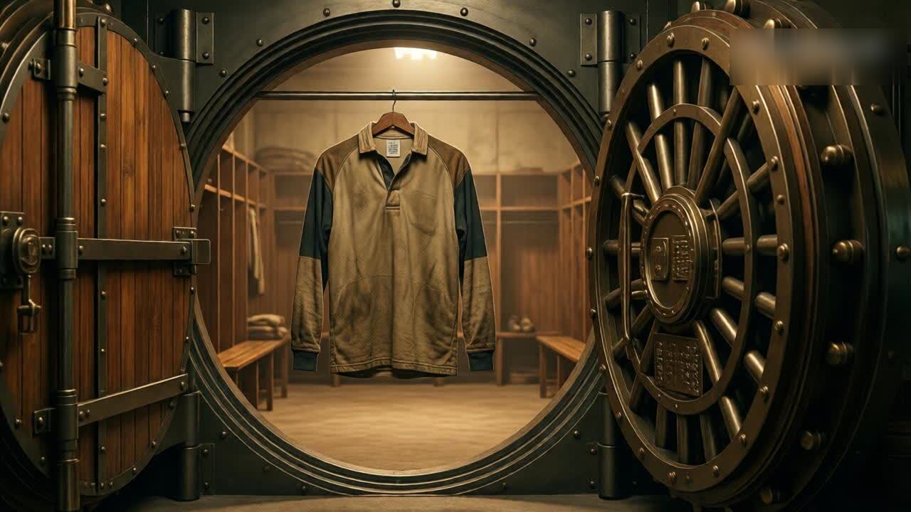 A heavy bank vault door swung open to reveal a vintage rugby jersey hanging in a dim locker room